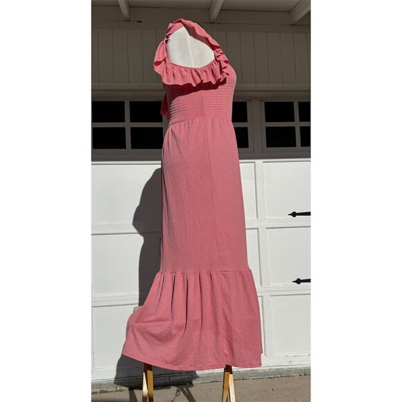 Liberty Love Women's 2XL Pink Smocked Tiered Midi Dress Short Sleeve Ruffle - Picture 5 of 11